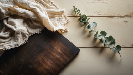 Wooden cutting board featuring a linen napkin and plant, viewed from the top