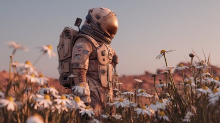 A highly detailed astronaut in a realistic, well-textured space suit standing in a sea of white daisies on Mars. The daisies are tall and abundant, reaching chest height