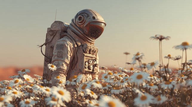 A highly detailed astronaut in a realistic, well-textured space suit standing in a sea of white daisies on Mars. The daisies are tall and abundant, reaching chest height - Powered by Adobe