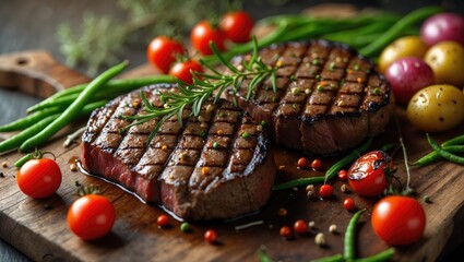 Beef steaks grilled on a wooden cutting board