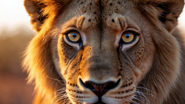 Detailed view of a young lion with yellow eyes