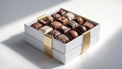 Top view of a white box filled with chocolates and adorned with golden tape, featuring empty space for text.