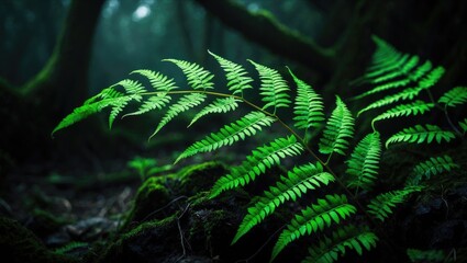 Intimate view of a green fern leaf showcasing fragile fronds unfurling in front of a dark setting.