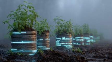 A futuristic ecosystem built on a small green planet, coin piles supporting clusters of saplings, microchip roots embedding into soil, and glowing lines tracing resource flow for sustainable