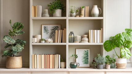 Bright Modern Home Office Background With Books and Plants Creating A Cozy Atmosphere For Online Presentations