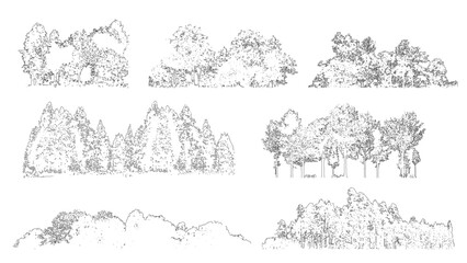 set of forest line cad, minimal isolated on white background. Ground cover. Illustration for elevation architectural element, side view, grass section. Turf coating banners for edging. © feipco