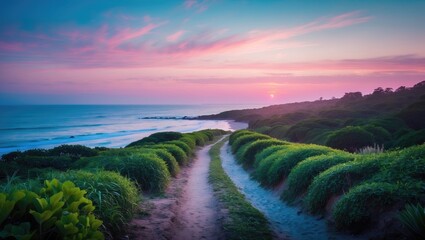 A picturesque seaside trail towards the ocean during sunset, bordered by lush vegetation and colorful skies.