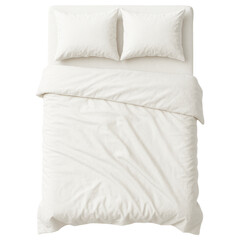 Fototapeta na wymiar top view of double bed with pillows and blanket transparent background.