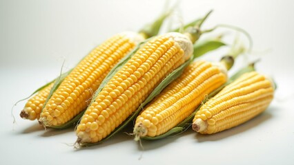 four ears corn cob corn yellow color has husk like texture kernels arranged row husk slightly overlapping leaves corn green appear fresh background white making corn stand out taken slightly elevated
