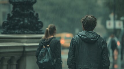 A man stands watching a woman walk away in the rain