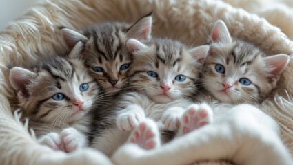 Sweet little kittens with blue eyes rousing from a nap and all huddled together.