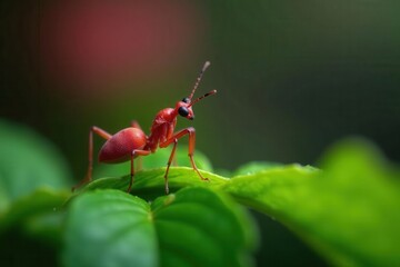 Naklejka premium Close-up of scarlet insect on lush foliage, blurred greenery, bokeh, scarlet