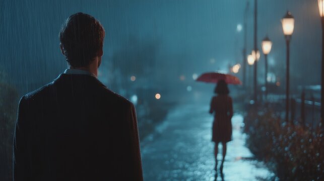 A man stands watching a woman walk away in the rain