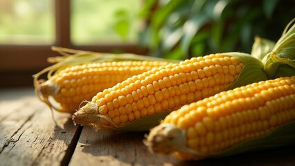 three ears corn wooden table corn bright yellow color appears freshly harvested kernels arranged row husks facing towards side table dark wood has rustic weathered appearance background window view