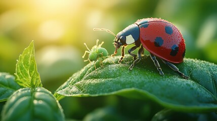 Fototapeta premium Ladybug on green leaf macro