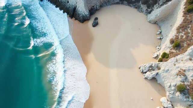 Aerial view of the Mediterranean coast, waves reach the deserted sandy beach
