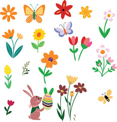 Hand-Drawn Simple Flat Spring Garden with Flowers, Trees, and Leaves – Cute Seasonal Nature Illustration