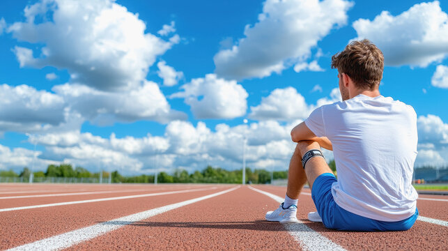 Contemplative runner resting on track with knee brace, reflecting on training and personal goals in a peaceful moment