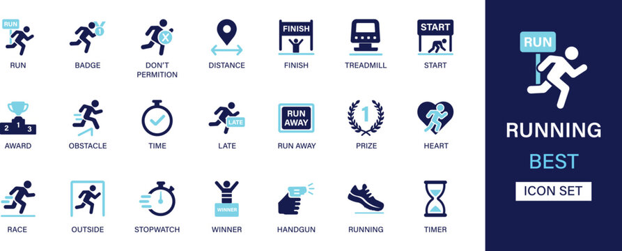 Running icon set collection. Badge, distance, finish, treadmill, start, award, obstacle, time, late, run away, prize, heart and best solid icon set.