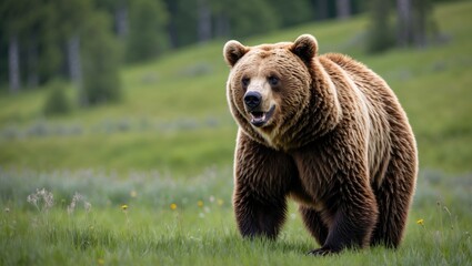 Obraz premium Brown bear male exhaling in the forest's meadow from a frontal perspective