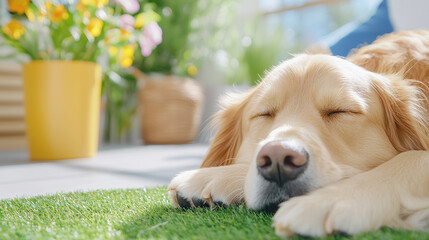 Serene dog laying peacefully on artificial turf surrounded by lush green grass in a calm and relaxing environment