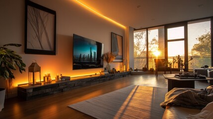 a modern living room with sunset light coming through large windows, warm LED lighting around the TV