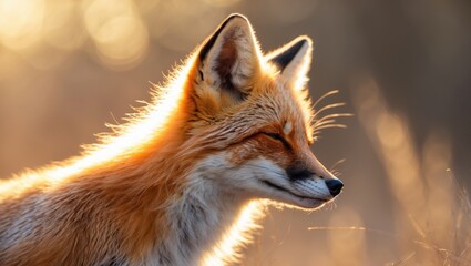 Fototapeta premium A close-up view highlighting just the head of a young fox napping, with a blurred background and sunlight illuminating its body from the right