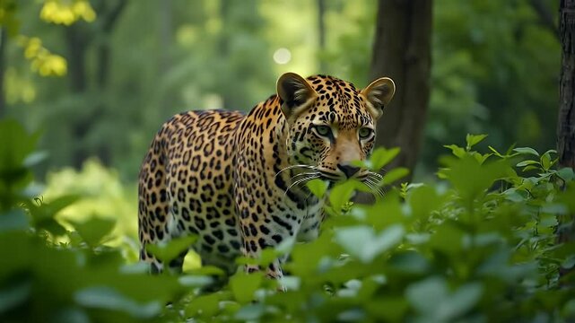 Leopard in lush forest