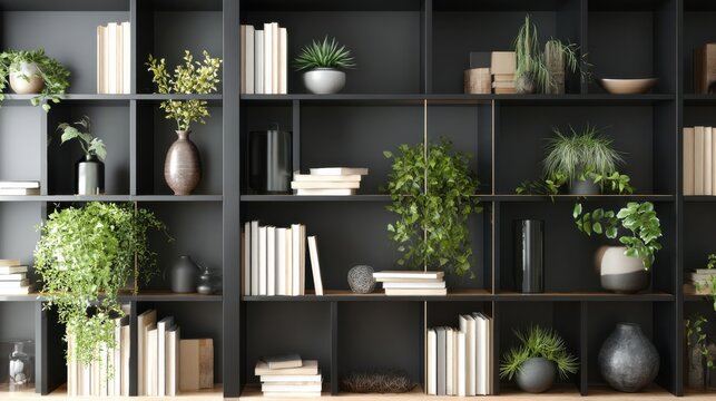 Elegant Bookshelf With Green Plants Perfect For Virtual Meetings Background