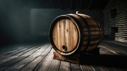 Brick wall alongside wooden barrel in the cellar