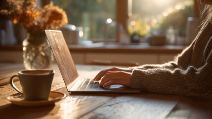 A person sitting at a kitchen table, casually dressed, using a laptop to sign up for a newsletter
