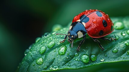 Obraz premium Ladybug on wet leaf closeup