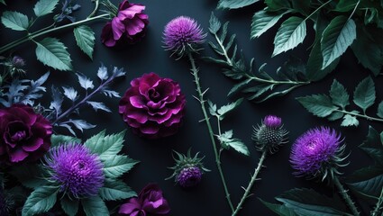 Dark background with purple flowers and leaves. Low key. Aerial view. Floral card, poster