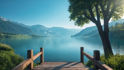 Peaceful lakeshore with a wooden platform and steps set against scenic alpine mountains in summer