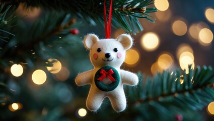 A tiny felt mouse toy is suspended from the tree