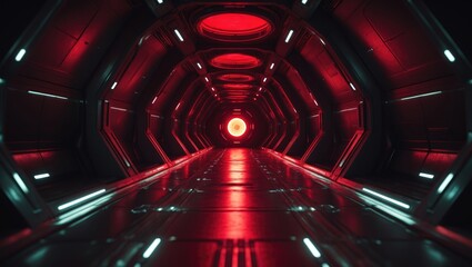Fototapeta premium Spaceship hallways in science fiction illuminated by a red light background
