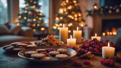 Holiday vibe in a room showcasing a table with candles and a tree