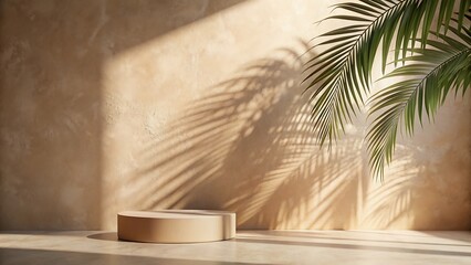 Minimalist Product Display with Palm Shadows and Plaster Wall Texture