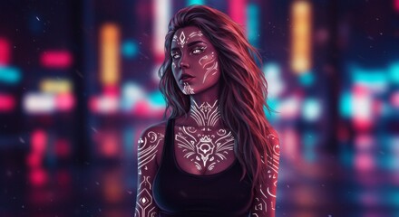 Obraz premium Woman with Glowing Tattoos Against Neon Cityscape Digital Art Portrait