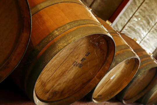 Dusty oak wine barrels in a Western Australia winery.