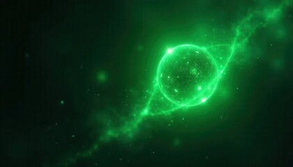 Glowing green energy orb, particle waves, dark void, light, shimmering, technology