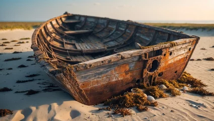 Selbstklebende Fototapeten Abandoned boat wreckage on the beach © NFTNexus