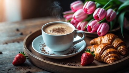 Wonderful Mother's Day, appetizing breakfast, lunch with fresh croissants, strawberries on a dish, bouquet of tulips as a present. Festive idea. Family relationships.
