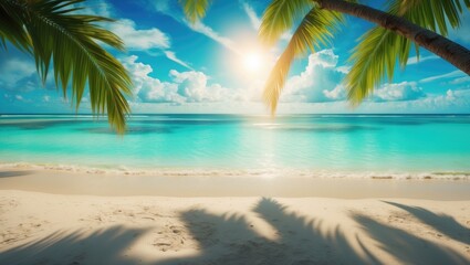Fototapeta premium Tropical island summer vista. Palm branches offer shade on the sandy beach. Dazzling bright sunlight. Horizon looks hazy. Transitioning from sand to turquoise waters.