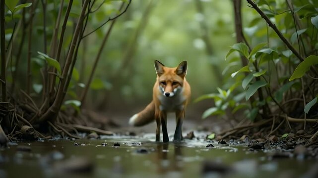 Red fox in forest stream