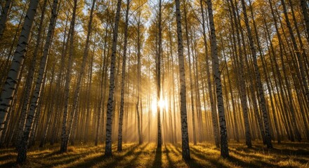 Obraz premium Golden sunlight through autumn forest