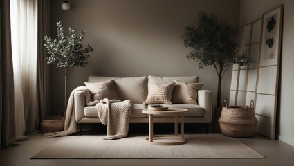 Naklejka premium Stylish modern living room with a sofa, table, tree, and a folding screen on the wall