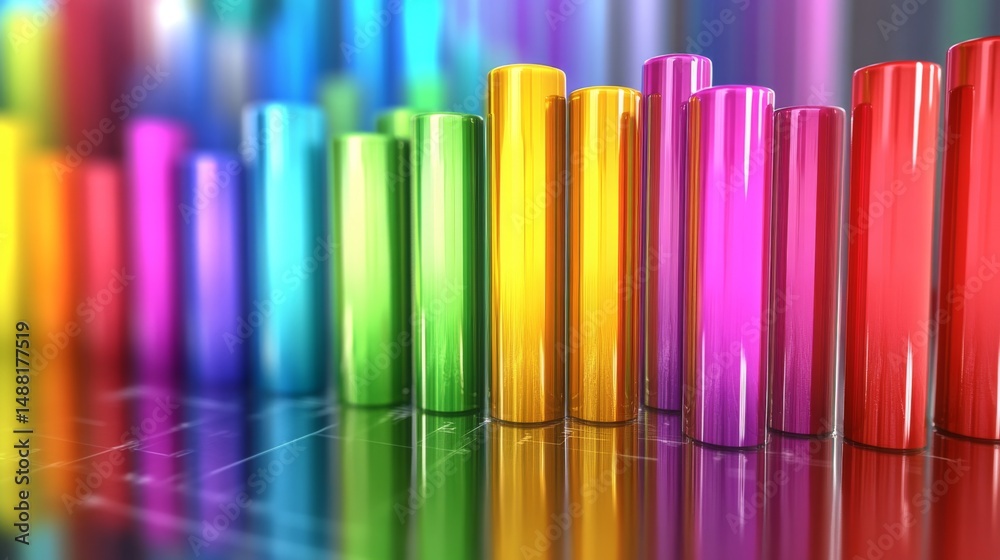 Aufkleber A D bar graph with tall, glossy pillars in various colors rising from a reflective surface, symbolizing financial growth and performance analysis