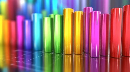 Fototapeta premium A D bar graph with tall, glossy pillars in various colors rising from a reflective surface, symbolizing financial growth and performance analysis