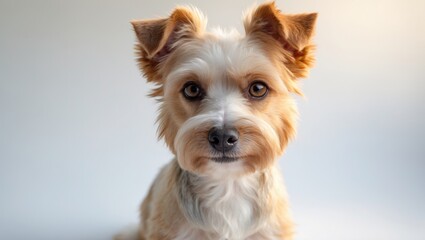 Portrait of a charming Terrier set against a white backdrop.
